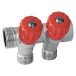 Collettore 2 vie 3/4" M x 3/4 "F con vitoni di chiusura 35° maniglie rosse att. 1/2" - Ø interno 16 mm 