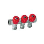 Collettore 3 vie 3/4" M x 3/4 "F con vitoni di chiusura 35° maniglie rosse att. 1/2" - Ø interno 16 mm 