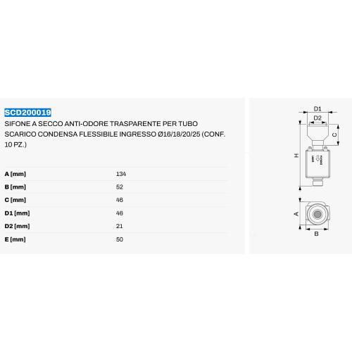 Sifone a secco Ø16/18/20/25 anti-odore trasparente con pallina per tubo scarico condensa flessibile ingresso Ø16/18/20/25