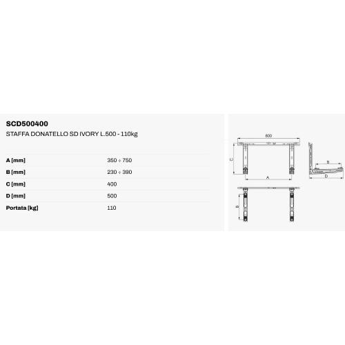 Staffa a parete per climatizzatore da sotto finestra  "DONATELLO SD" Misure P 500 x H 400 x L 800 mm (Portata 110 Kg) con barra dentellata e bracci premontati