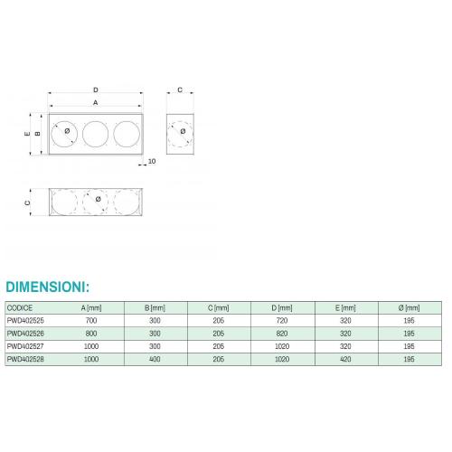 Plenum coibentato 1000x300 predisposto con 3 attacchi 150/200