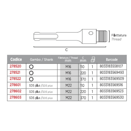 Gambo per corone con attacco M 16 L.370MM - Per frese a corona Impact 