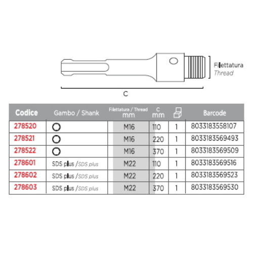 Gambo SDS-plus per corone con attacco M 22 L.370MM - Per frese a corona Impact 
