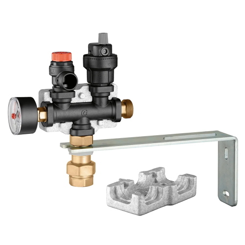 Collettore portastrumenti in tecnopolimero per impianti di riscaldamento attacchi con staffa 3/4" Valvola di sicurezza 3 bar (per impianti fino a 50 kW)