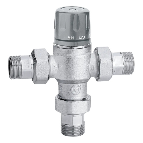 Miscelatore termostatico attacchi da 1" Maschio con valvole di ritegno e filtri (45–65 °C - Kv: 3,0 m³/h.)